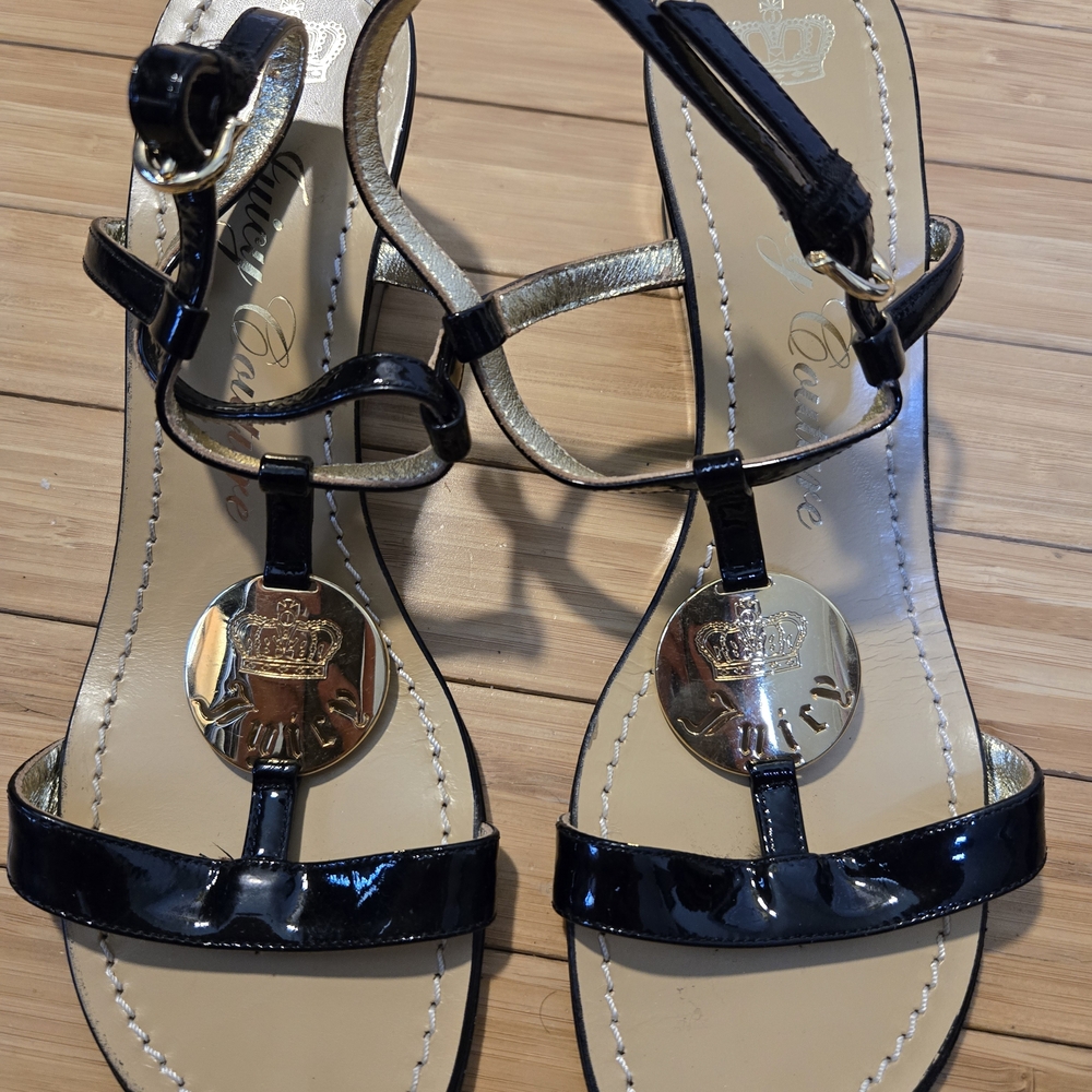 Black Patent Strappy Women's Sandals with Gold Medallion